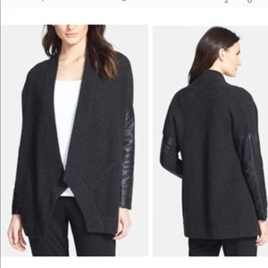 Eileen Fisher leather wool cardigan black grey XL